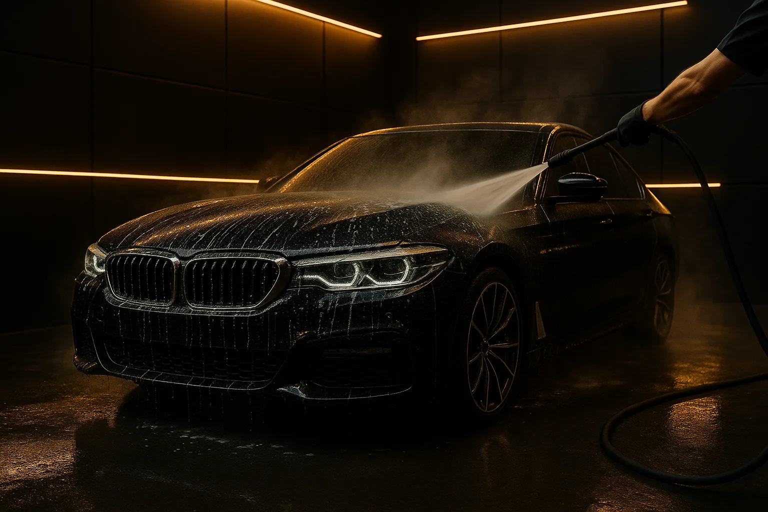 Professional car wash on glossy bodywork